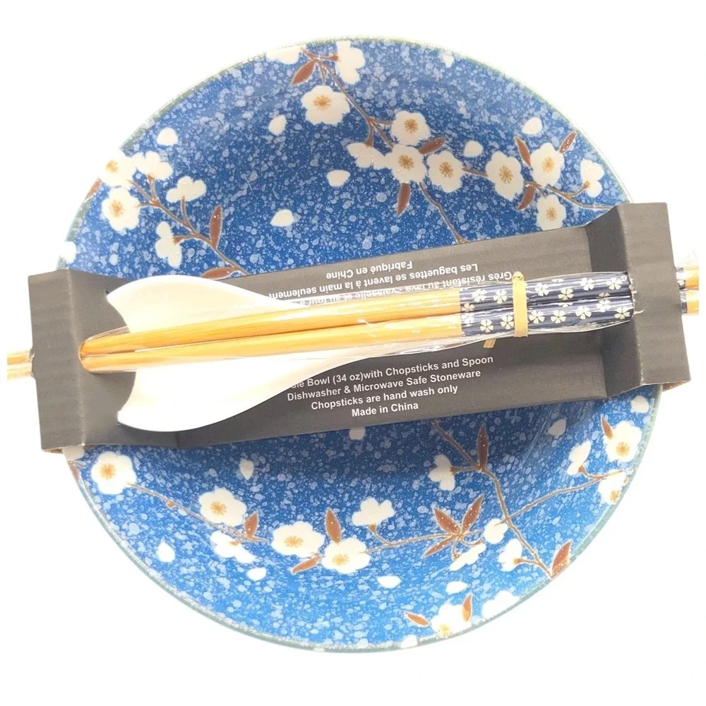 SH Home Sakura Cherry Blossom Ceramic Ramen Noodle Bowl Blue w/ Chopsticks Spoon